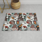 Geo spring animal party // green grey linen texture background brown aqua mint orange and neon red details Rug Gallery Image 1