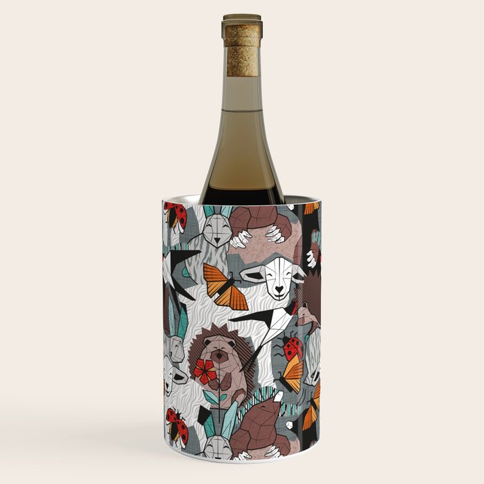 Geo spring animal party // green grey linen texture background brown aqua mint orange and neon red details Wine Chiller Gallery Image 3