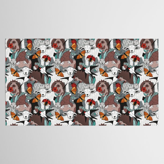 Geo spring animal party // green grey linen texture background brown aqua mint orange and neon red details Tablecloth Gallery Image 2