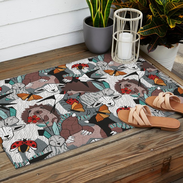 Geo spring animal party // green grey linen texture background brown aqua mint orange and neon red details Outdoor Rug Gallery Image 2