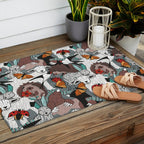 Geo spring animal party // green grey linen texture background brown aqua mint orange and neon red details Outdoor Rug Gallery Image 2