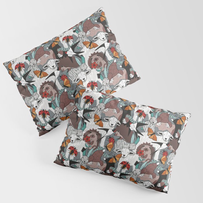 Geo spring animal party // green grey linen texture background brown aqua mint orange and neon red details Pillow Sham Gallery Image 3