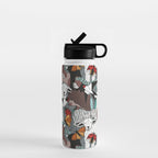 Geo spring animal party // green grey linen texture background brown aqua mint orange and neon red details Water Bottle Gallery Image 1