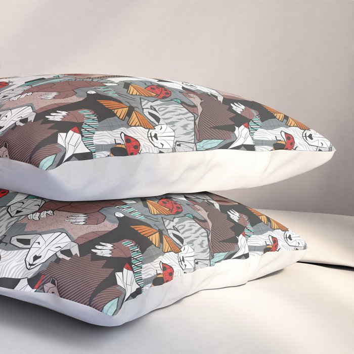 Geo spring animal party // green grey linen texture background brown aqua mint orange and neon red details Pillow Sham Gallery Image 3