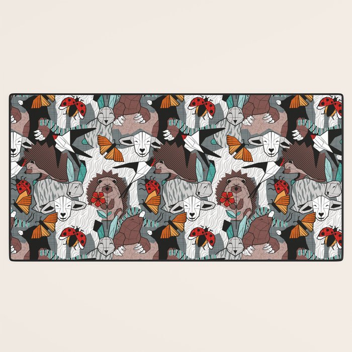 Geo spring animal party // green grey linen texture background brown aqua mint orange and neon red details Desk Mat Gallery Image 3