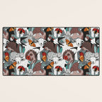 Geo spring animal party // green grey linen texture background brown aqua mint orange and neon red details Desk Mat Gallery Image 3