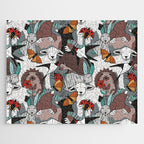 Geo spring animal party // green grey linen texture background brown aqua mint orange and neon red details Jigsaw Puzzle Gallery Image 1