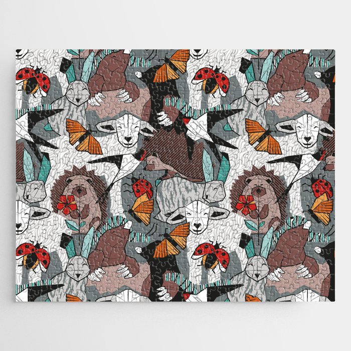 Geo spring animal party // green grey linen texture background brown aqua mint orange and neon red details Jigsaw Puzzle Gallery Image 1