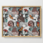 Geo spring animal party // green grey linen texture background brown aqua mint orange and neon red details Serving Tray Gallery Image 1
