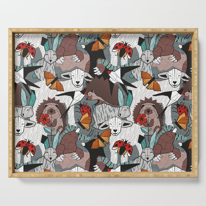 Geo spring animal party // green grey linen texture background brown aqua mint orange and neon red details Serving Tray Gallery Image 1