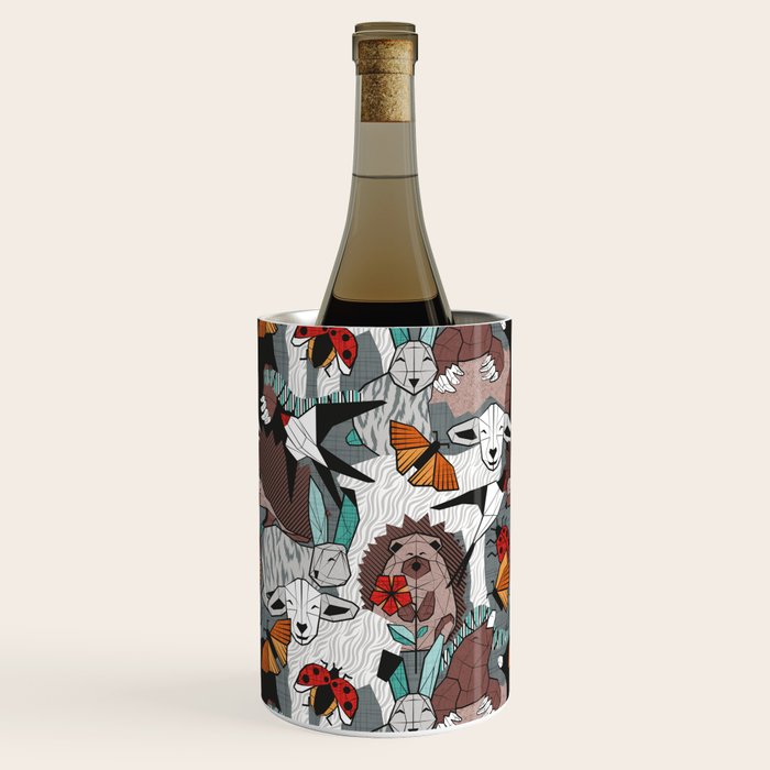 Geo spring animal party // green grey linen texture background brown aqua mint orange and neon red details Wine Chiller Gallery Image 2