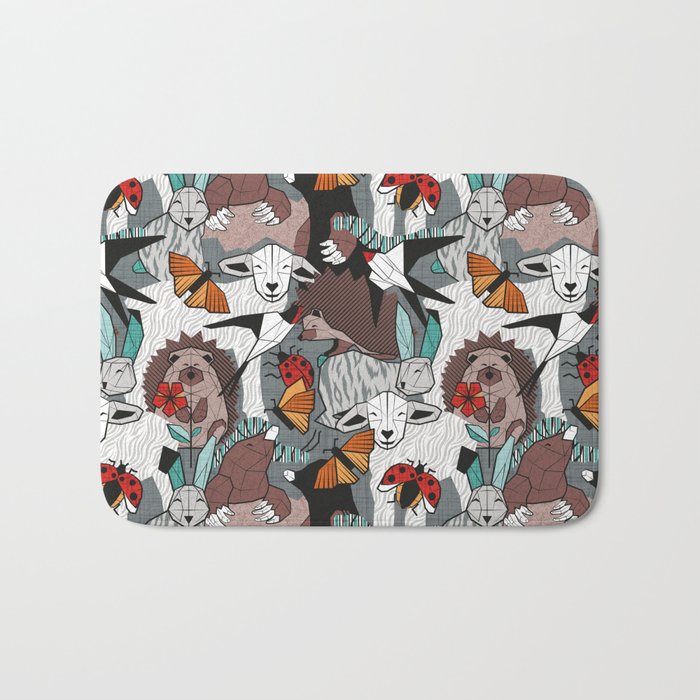 Geo spring animal party // green grey linen texture background brown aqua mint orange and neon red details Bath Mat Gallery Image 1