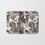 Geo spring animal party // green grey linen texture background brown aqua mint orange and neon red details Bath Mat Gallery Image 1