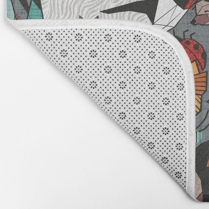 Geo spring animal party // green grey linen texture background brown aqua mint orange and neon red details Bath Mat Gallery Image 2