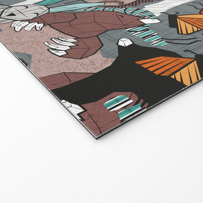 Geo spring animal party // green grey linen texture background brown aqua mint orange and neon red details Welcome Mat Gallery Image 2