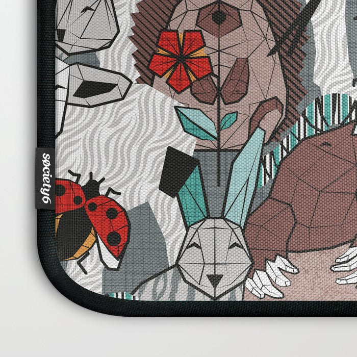 Geo spring animal party // green grey linen texture background brown aqua mint orange and neon red details Laptop Sleeve Gallery Image 3