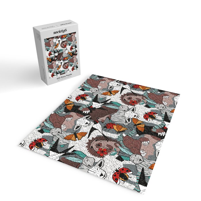 Geo spring animal party // green grey linen texture background brown aqua mint orange and neon red details Jigsaw Puzzle Gallery Image 2