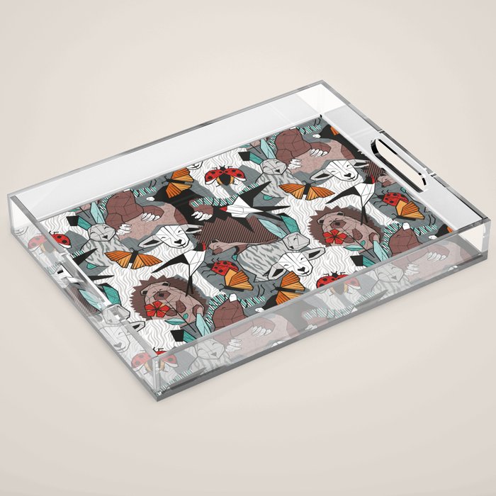 Geo spring animal party // green grey linen texture background brown aqua mint orange and neon red details Acrylic Tray Gallery Image 1