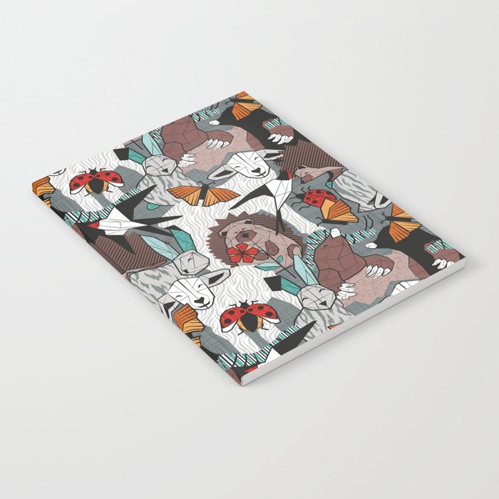 Geo spring animal party // green grey linen texture background brown aqua mint orange and neon red details Notebook Gallery Image 2