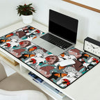 Geo spring animal party // green grey linen texture background brown aqua mint orange and neon red details Desk Mat Gallery Image 2