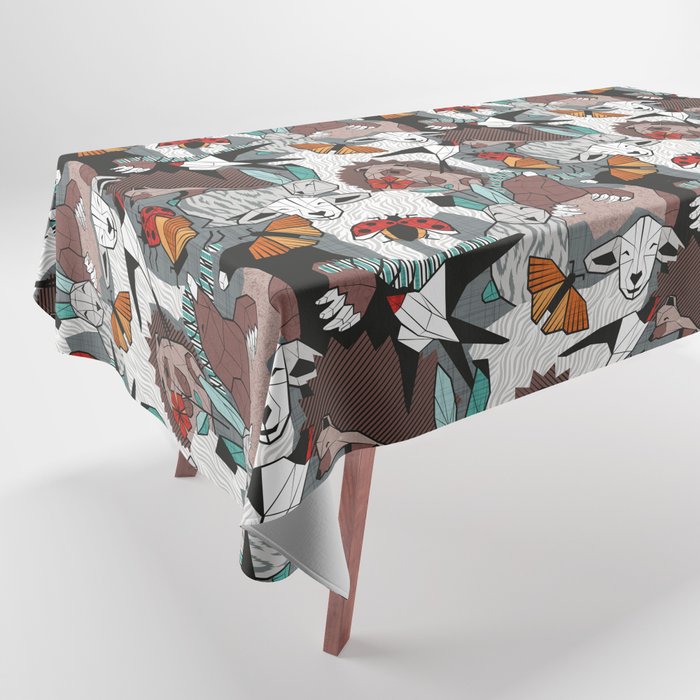 Geo spring animal party // green grey linen texture background brown aqua mint orange and neon red details Tablecloth Gallery Image 1