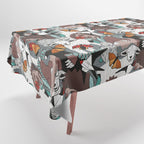 Geo spring animal party // green grey linen texture background brown aqua mint orange and neon red details Tablecloth Gallery Image 1