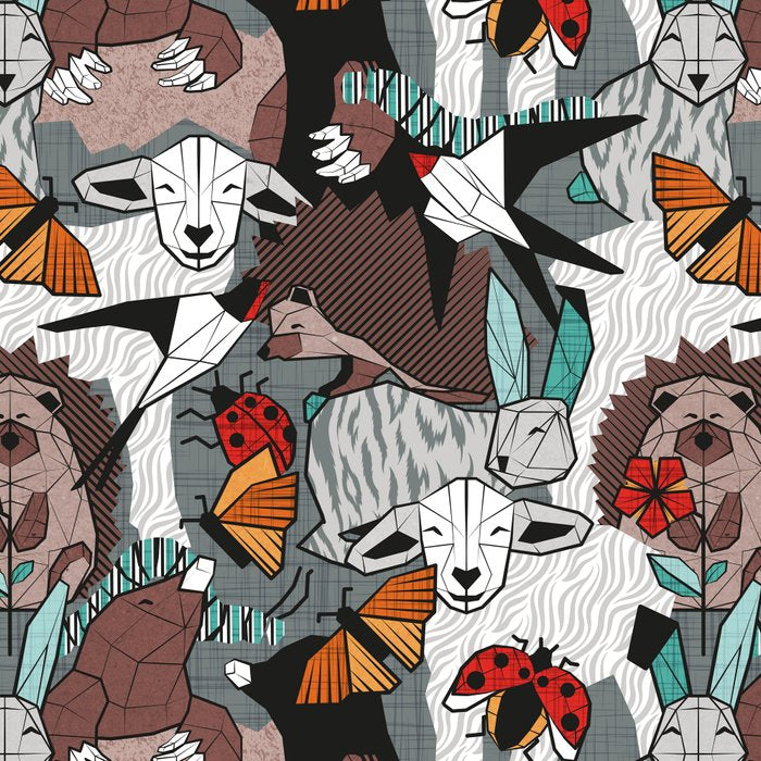 Geo spring animal party // green grey linen texture background brown aqua mint orange and neon red details Coffee Mug Gallery Image 2