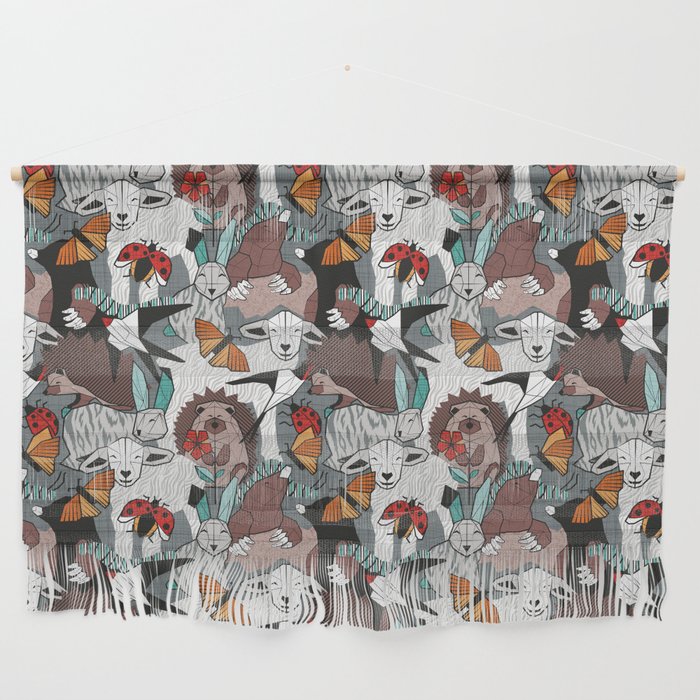 Geo spring animal party // green grey linen texture background brown aqua mint orange and neon red details Wall Hanging Gallery Image 1