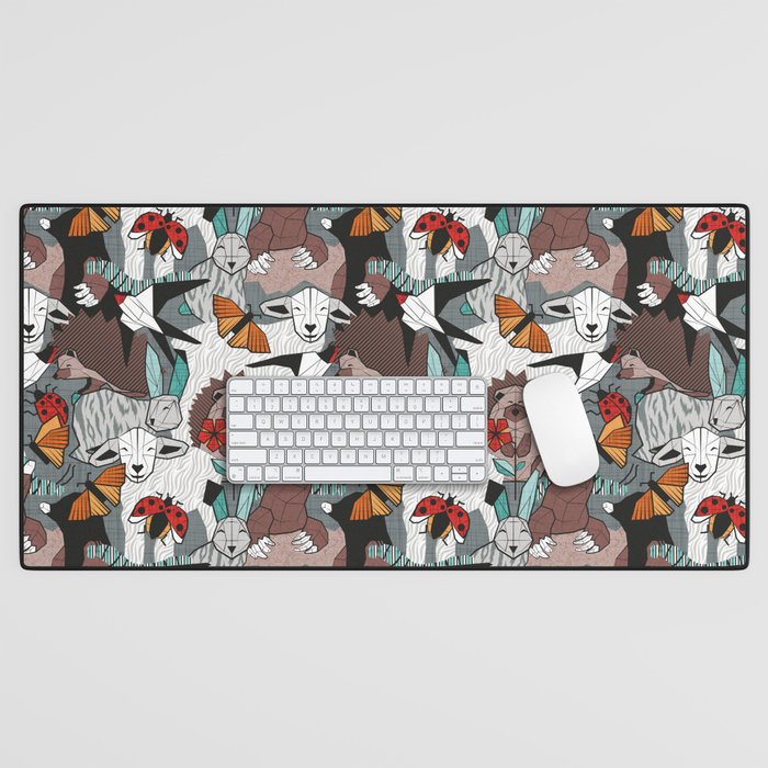 Geo spring animal party // green grey linen texture background brown aqua mint orange and neon red details Desk Mat Gallery Image 1
