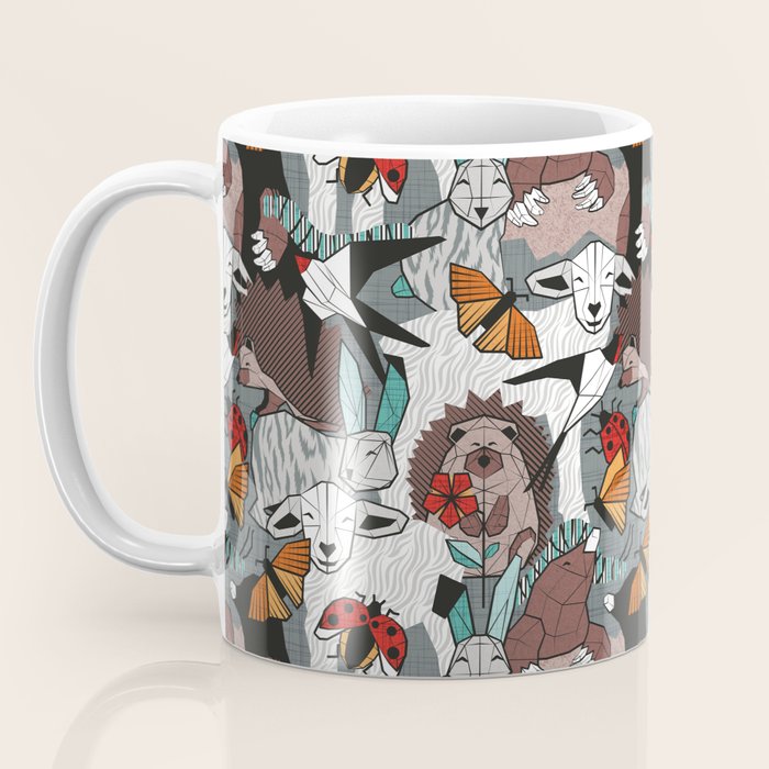 Geo spring animal party // green grey linen texture background brown aqua mint orange and neon red details Coffee Mug Gallery Image 3