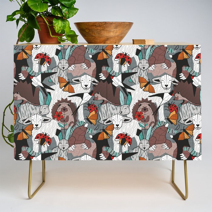 Geo spring animal party // green grey linen texture background brown aqua mint orange and neon red details Credenza Gallery Image 1