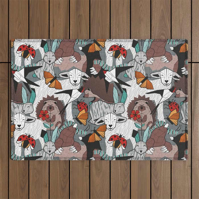 Geo spring animal party // green grey linen texture background brown aqua mint orange and neon red details Outdoor Rug Gallery Image 1