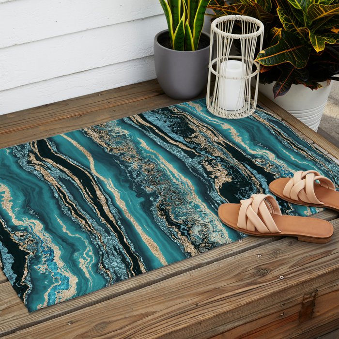 Turquoise Gold Sparkling Luxury Marble Gemstone Art Outdoor Rug Gallery Image 2