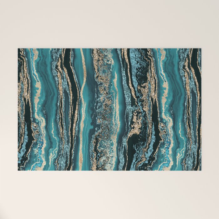 Turquoise Gold Sparkling Luxury Marble Gemstone Art Welcome Mat Gallery Image 1