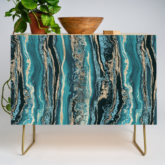Turquoise Gold Sparkling Luxury Marble Gemstone Art Credenza Gallery Image 1