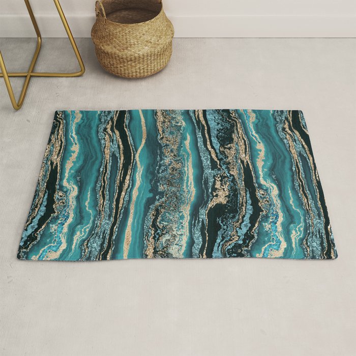 Turquoise Gold Sparkling Luxury Marble Gemstone Art Rug Gallery Image 1