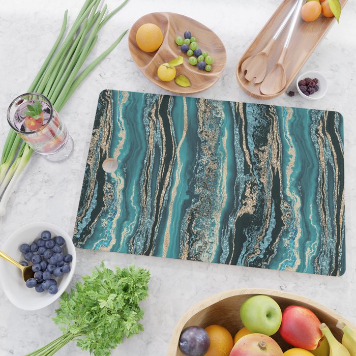 Turquoise Gold Sparkling Luxury Marble Gemstone Art Cutting Board Gallery Image 2