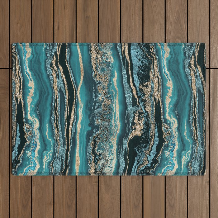 Turquoise Gold Sparkling Luxury Marble Gemstone Art Outdoor Rug Gallery Image 1