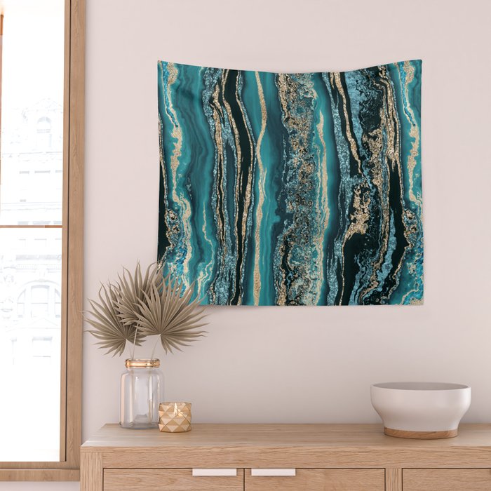 Turquoise Gold Sparkling Luxury Marble Gemstone Art Wall Tapestry Gallery Image 2