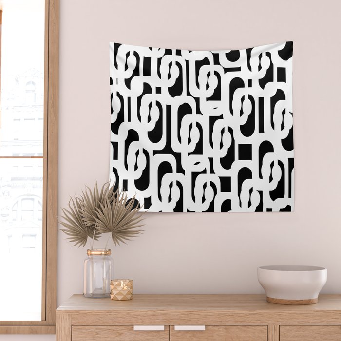 Black and White Mid-Century Modern Loop Pattern Wall Tapestry Gallery Image 2