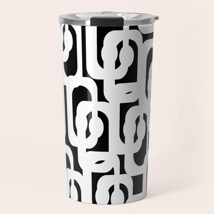 Black and White Mid-Century Modern Loop Pattern Travel Mug Gallery Image 1