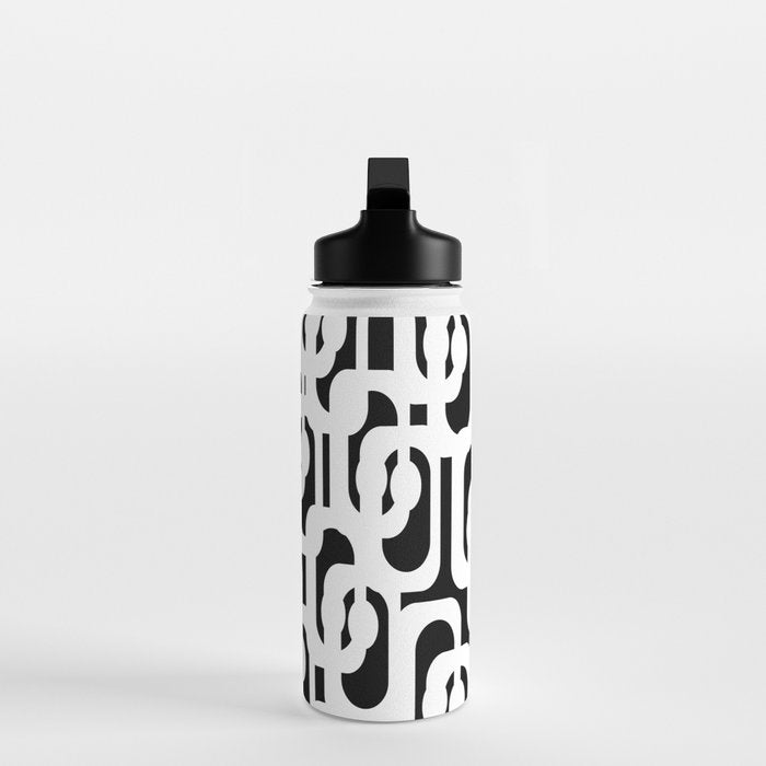 Black and White Mid-Century Modern Loop Pattern Water Bottle Gallery Image 3
