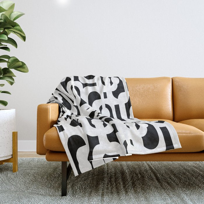Black and White Mid-Century Modern Loop Pattern Throw Blanket Gallery Image 1