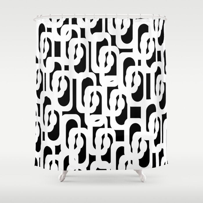 Black and White Mid-Century Modern Loop Pattern Shower Curtain Gallery Image 1