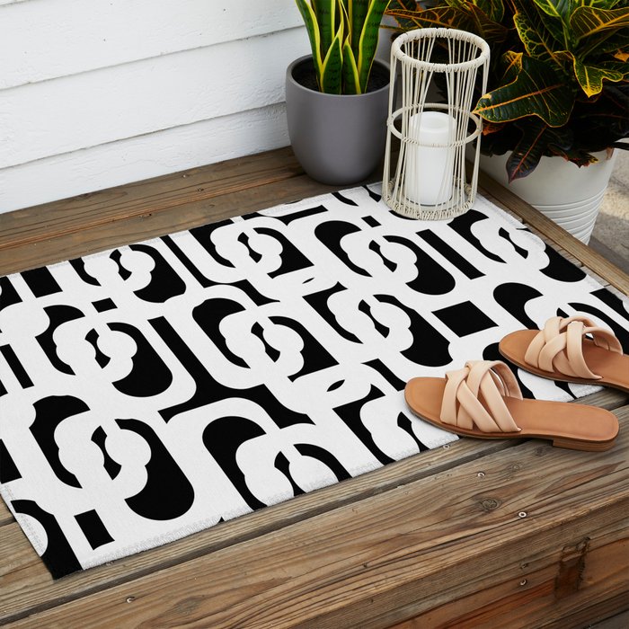 Black and White Mid-Century Modern Loop Pattern Outdoor Rug Gallery Image 2