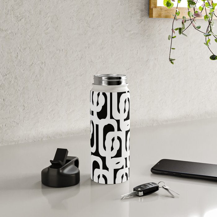 Black and White Mid-Century Modern Loop Pattern Water Bottle Gallery Image 4
