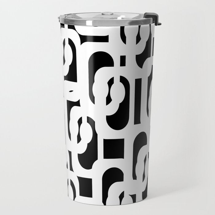 Black and White Mid-Century Modern Loop Pattern Travel Mug Gallery Image 2
