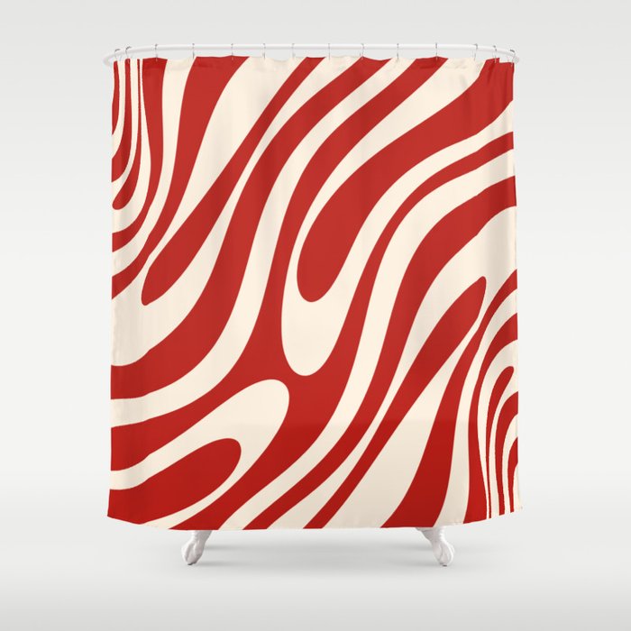 Wavy Loops Retro Abstract Pattern Red and Almond Cream Shower Curtain Gallery Image 1