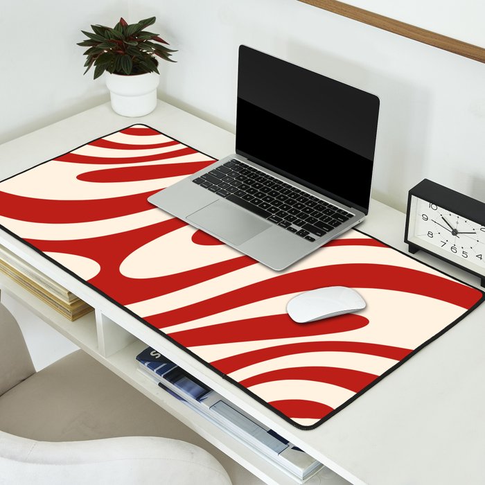 Wavy Loops Retro Abstract Pattern Red and Almond Cream Desk Mat Gallery Image 2