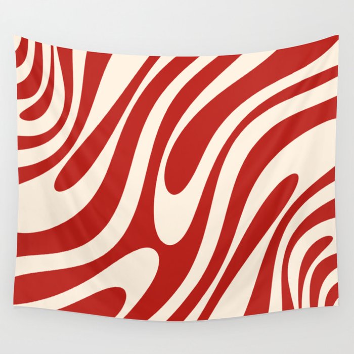 Wavy Loops Retro Abstract Pattern Red and Almond Cream Wall Tapestry Gallery Image 4